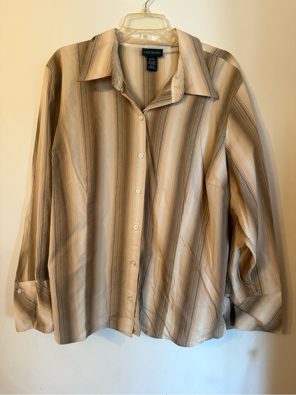 Lane Bryant Beige and Brown Striped Button-Down Shirt